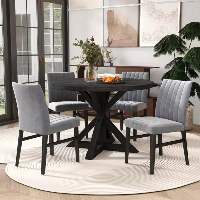 5-Piece Round Dining Set, Cross-Buck Round Table with 4 Side Chairs