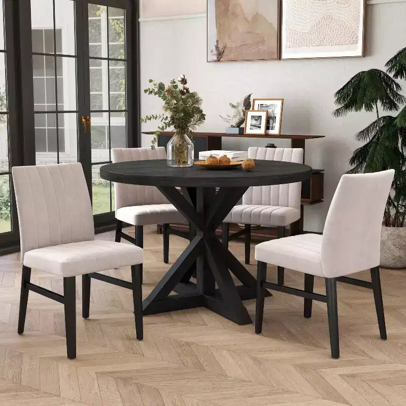 5-Piece Round Dining Set, Cross-Buck Round Table with 4 Side Chairs