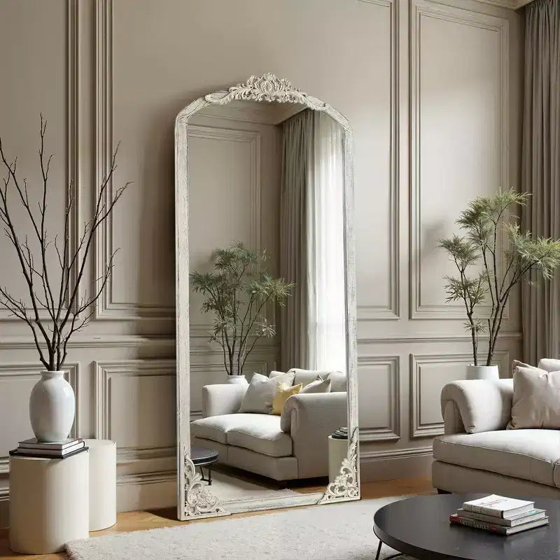 Distressed White Solid Wood Full-Length Mirror with Carved Details and Slightly Curved Right-Angled Corners (No Stand)