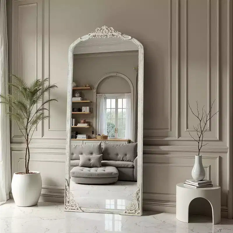 Distressed White Solid Wood Full-Length Mirror with Carved Details and Slightly Curved Right-Angled Corners (No Stand)