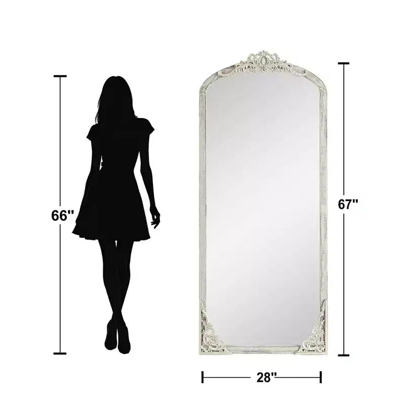 Distressed White Solid Wood Full-Length Mirror with Carved Details and Slightly Curved Right-Angled Corners (No Stand)