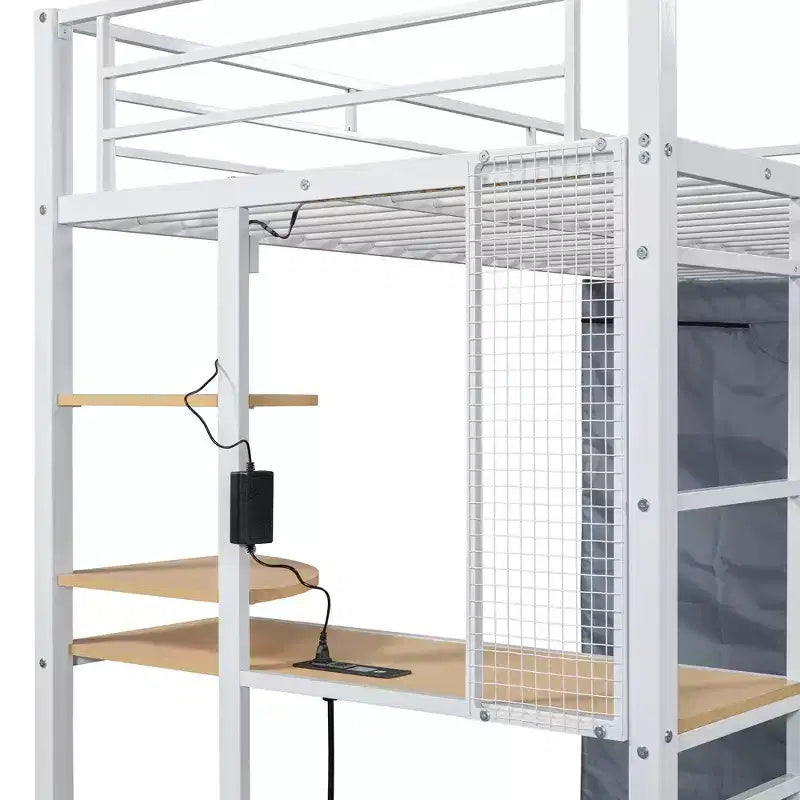 Metal Loft Bed with Desk, Shelves, Wardrobe, Power Outlet and LED