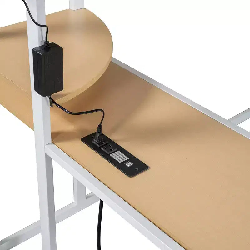 Metal Loft Bed with Desk, Shelves, Wardrobe, Power Outlet and LED