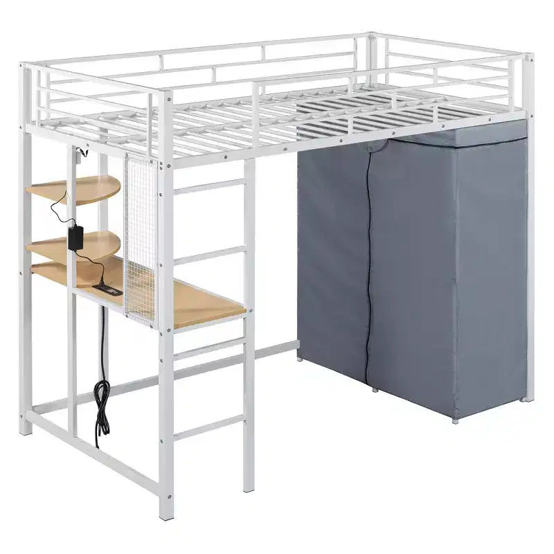 Metal Loft Bed with Desk, Shelves, Wardrobe, Power Outlet and LED