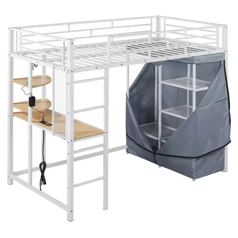 Metal Loft Bed with Desk, Shelves, Wardrobe, Power Outlet and LED