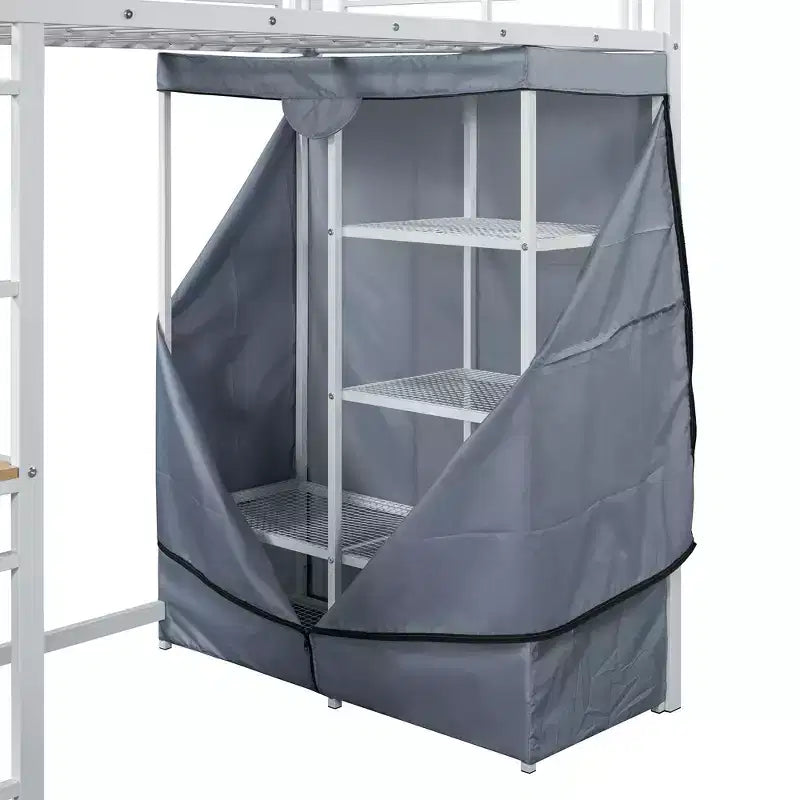 Metal Loft Bed with Desk, Shelves, Wardrobe, Power Outlet and LED