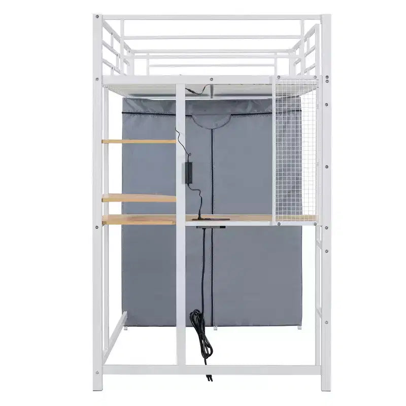 Metal Loft Bed with Desk, Shelves, Wardrobe, Power Outlet and LED