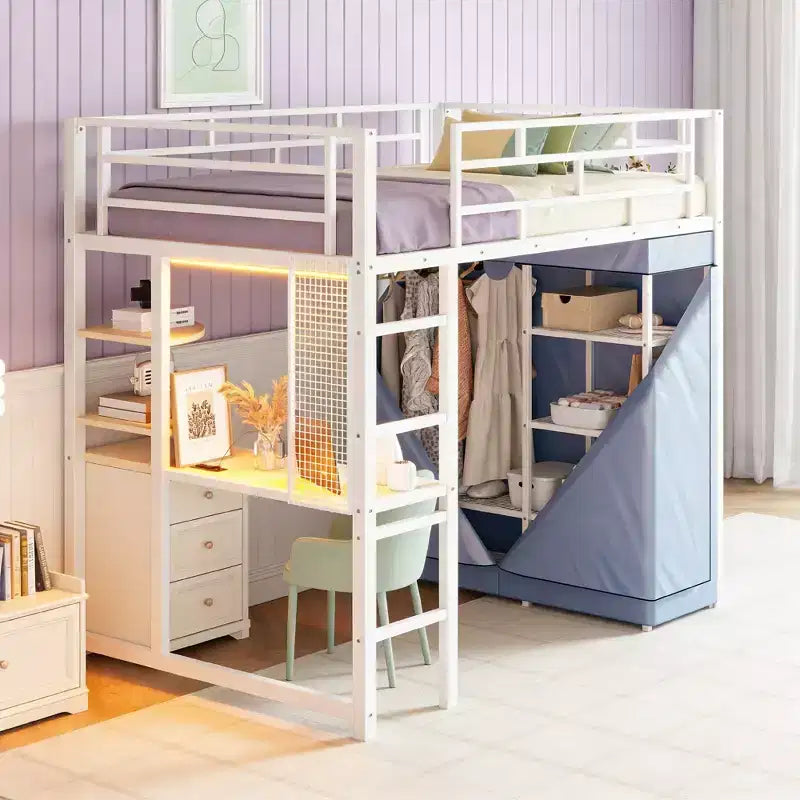 Metal Loft Bed with Desk, Shelves, Wardrobe, Power Outlet and LED