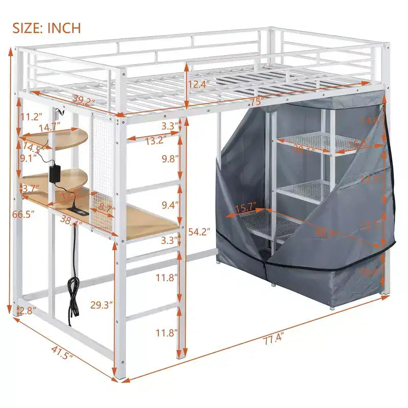 Metal Loft Bed with Desk, Shelves, Wardrobe, Power Outlet and LED