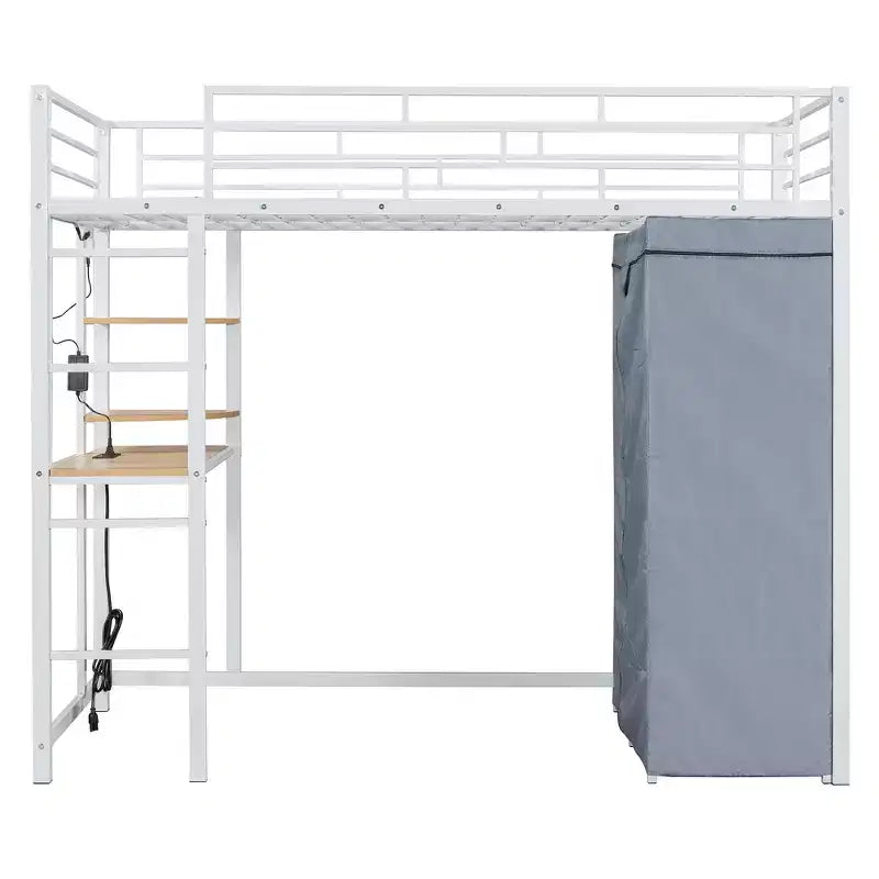 Metal Loft Bed with Desk, Shelves, Wardrobe, Power Outlet and LED