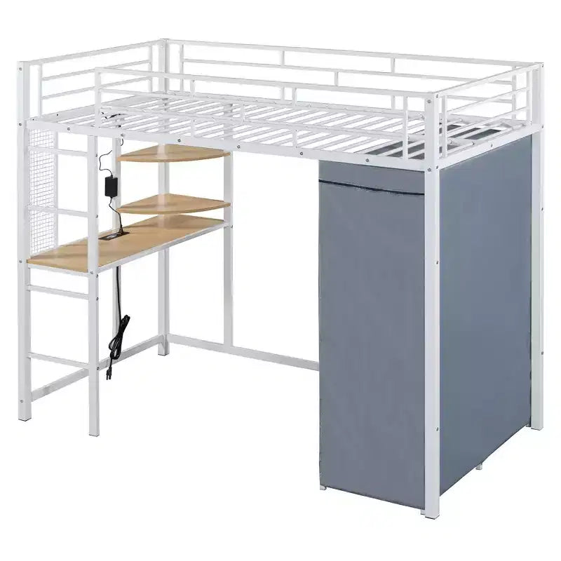 Metal Loft Bed with Desk, Shelves, Wardrobe, Power Outlet and LED