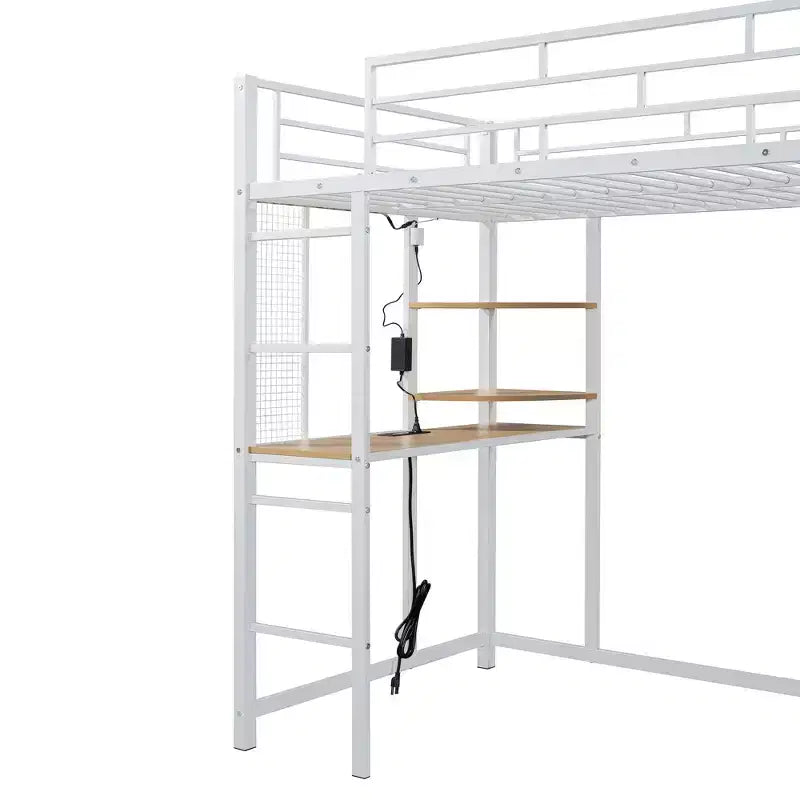 Metal Loft Bed with Desk, Shelves, Wardrobe, Power Outlet and LED