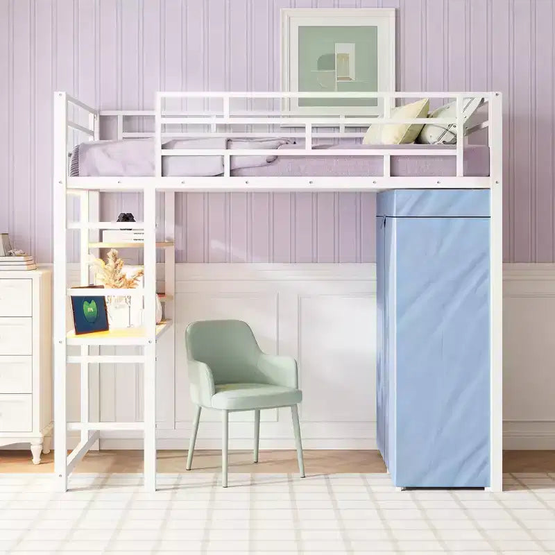 Metal Loft Bed with Desk, Shelves, Wardrobe, Power Outlet and LED