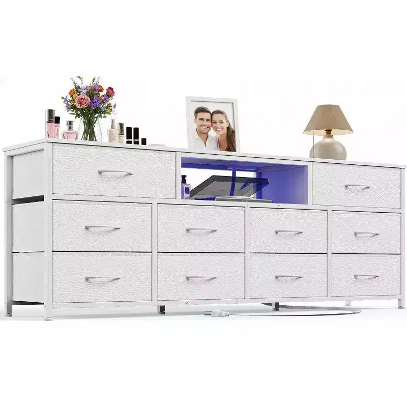 55 Inch Wide White TV Stand Dresser 10 Drawers with Power Outlets LED Lights Media Console for 65 Inch TV Bedroom Storage Chest Entertainment Center