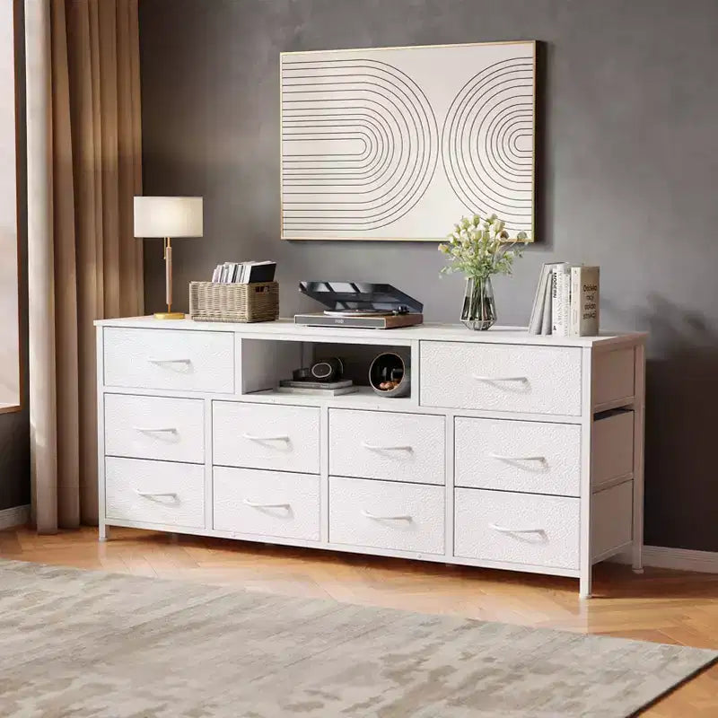55 Inch Wide White TV Stand Dresser 10 Drawers with Power Outlets LED Lights Media Console for 65 Inch TV Bedroom Storage Chest Entertainment Center