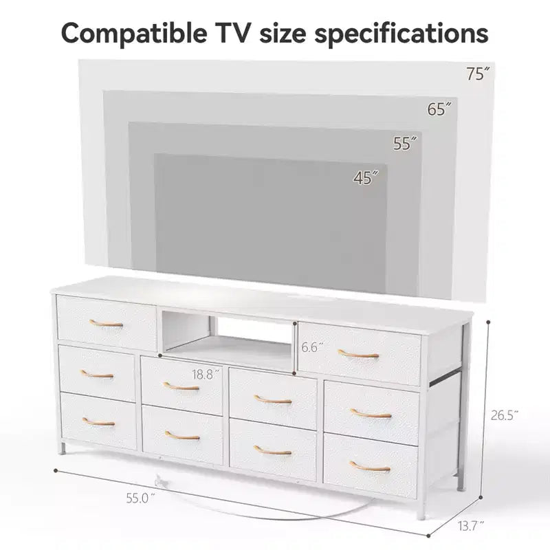 55 Inch Wide White TV Stand Dresser 10 Drawers with Power Outlets LED Lights Media Console for 65 Inch TV Bedroom Storage Chest Entertainment Center