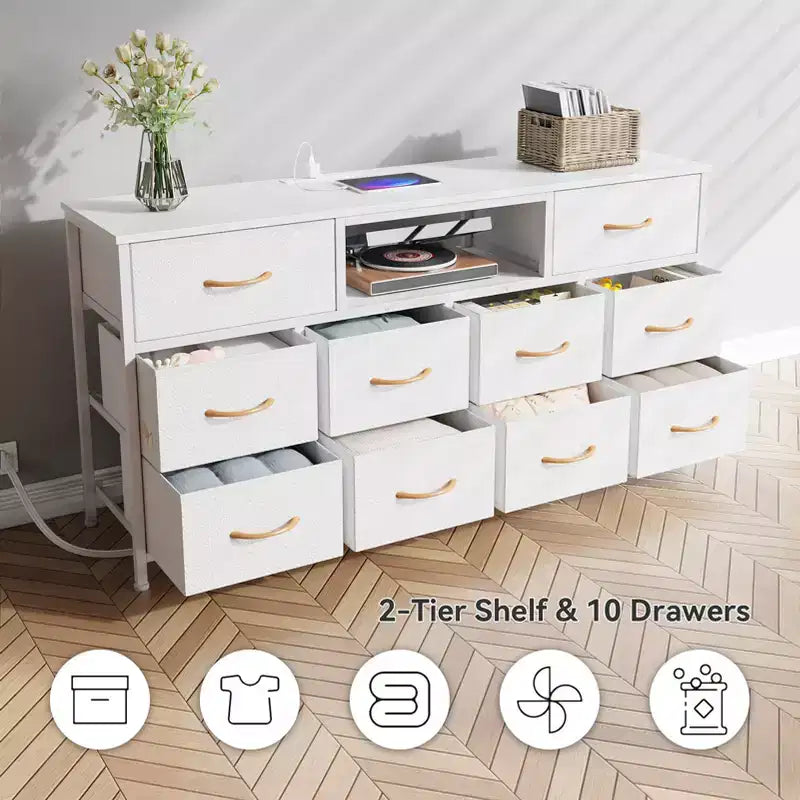 55 Inch Wide White TV Stand Dresser 10 Drawers with Power Outlets LED Lights Media Console for 65 Inch TV Bedroom Storage Chest Entertainment Center