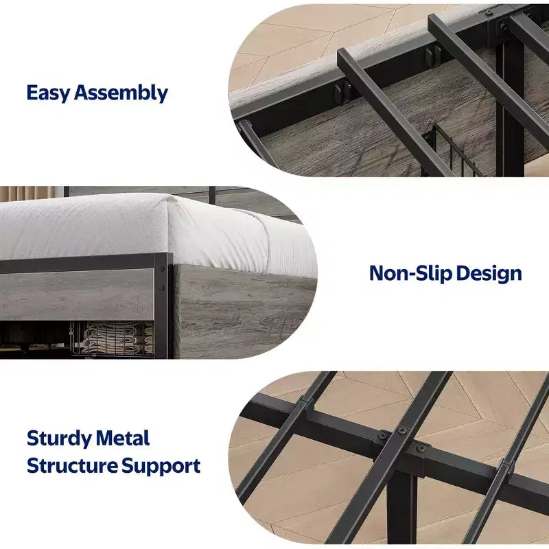 Industrial Metal Platform Bed Frame with 4 Storage Drawers - Led light & Charging Station , Mattress Foundation, Heavy Duty