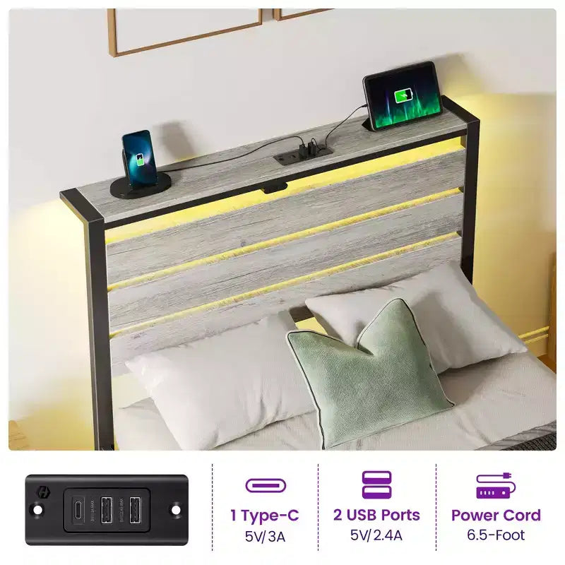 Industrial Metal Platform Bed Frame with 4 Storage Drawers - Led light & Charging Station , Mattress Foundation, Heavy Duty