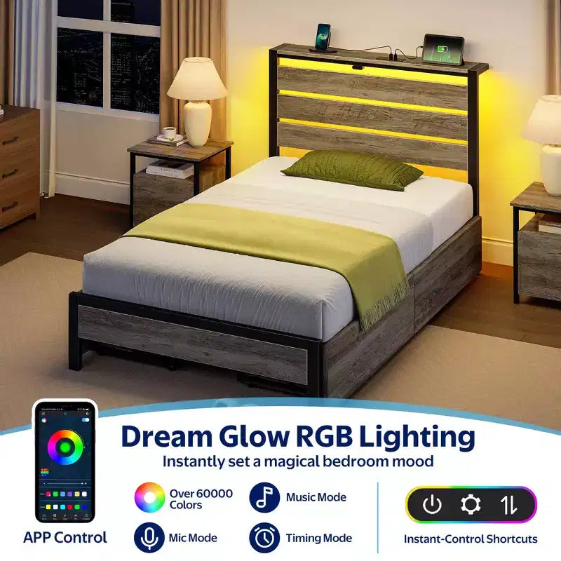 Industrial Metal Platform Bed Frame with 4 Storage Drawers - Led light & Charging Station , Mattress Foundation, Heavy Duty