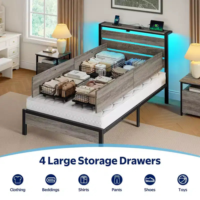 Industrial Metal Platform Bed Frame with 4 Storage Drawers - Led light & Charging Station , Mattress Foundation, Heavy Duty