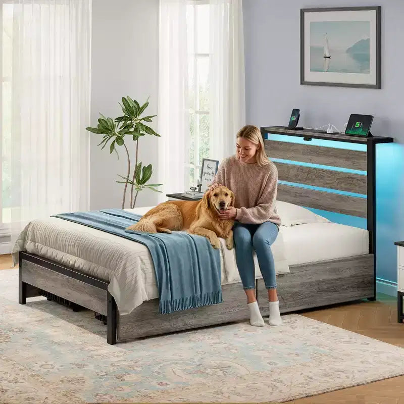 Industrial Metal Platform Bed Frame with 4 Storage Drawers - Led light & Charging Station , Mattress Foundation, Heavy Duty