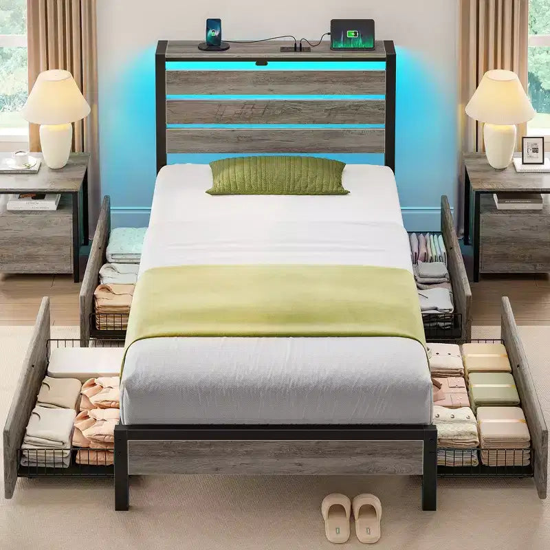 Industrial Metal Platform Bed Frame with 4 Storage Drawers - Led light & Charging Station , Mattress Foundation, Heavy Duty