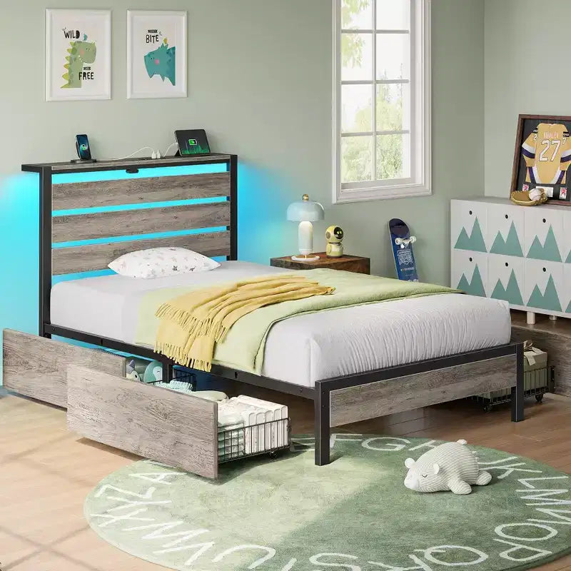 Industrial Metal Platform Bed Frame with 4 Storage Drawers - Led light & Charging Station , Mattress Foundation, Heavy Duty