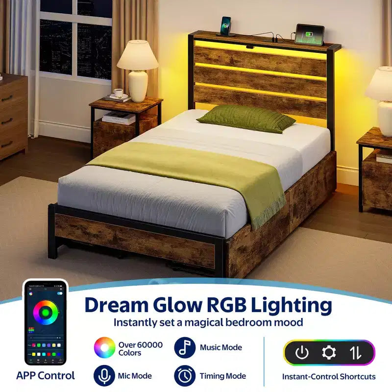 Industrial Metal Platform Bed Frame with 4 Storage Drawers - Led light & Charging Station , Mattress Foundation, Heavy Duty