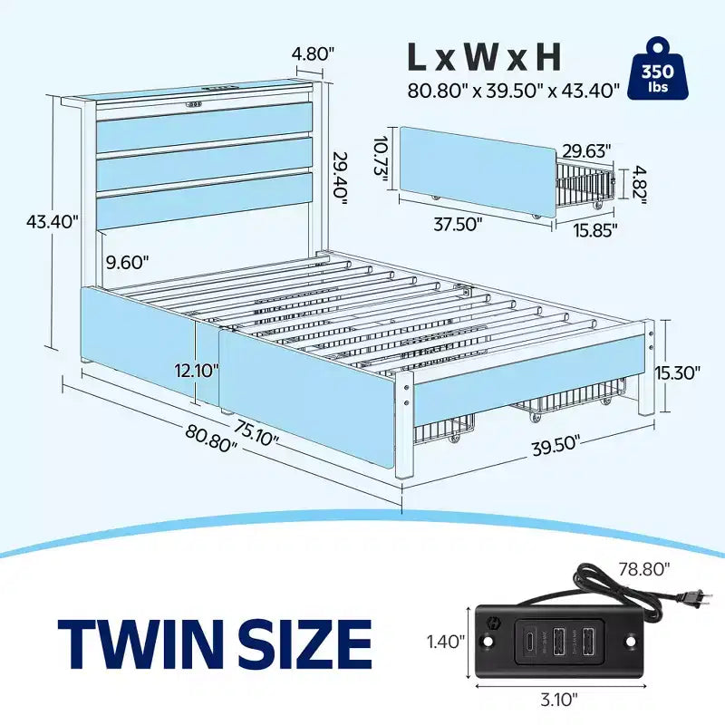Industrial Metal Platform Bed Frame with 4 Storage Drawers - Led light & Charging Station , Mattress Foundation, Heavy Duty