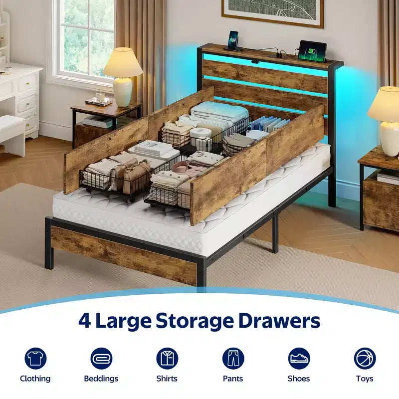Industrial Metal Platform Bed Frame with 4 Storage Drawers - Led light & Charging Station , Mattress Foundation, Heavy Duty