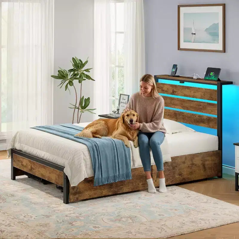 Industrial Metal Platform Bed Frame with 4 Storage Drawers - Led light & Charging Station , Mattress Foundation, Heavy Duty