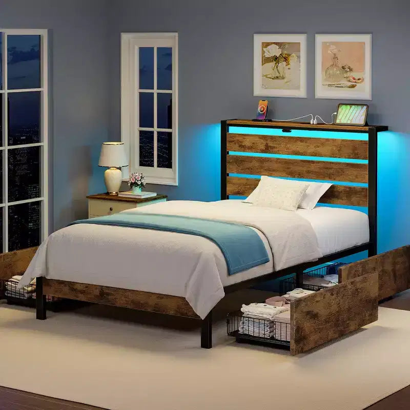 Industrial Metal Platform Bed Frame with 4 Storage Drawers - Led light & Charging Station , Mattress Foundation, Heavy Duty