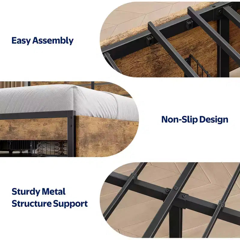 Industrial Metal Platform Bed Frame with 4 Storage Drawers - Led light & Charging Station , Mattress Foundation, Heavy Duty