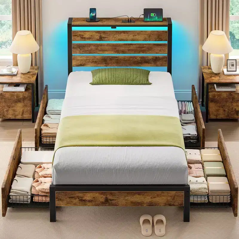 Industrial Metal Platform Bed Frame with 4 Storage Drawers - Led light & Charging Station , Mattress Foundation, Heavy Duty
