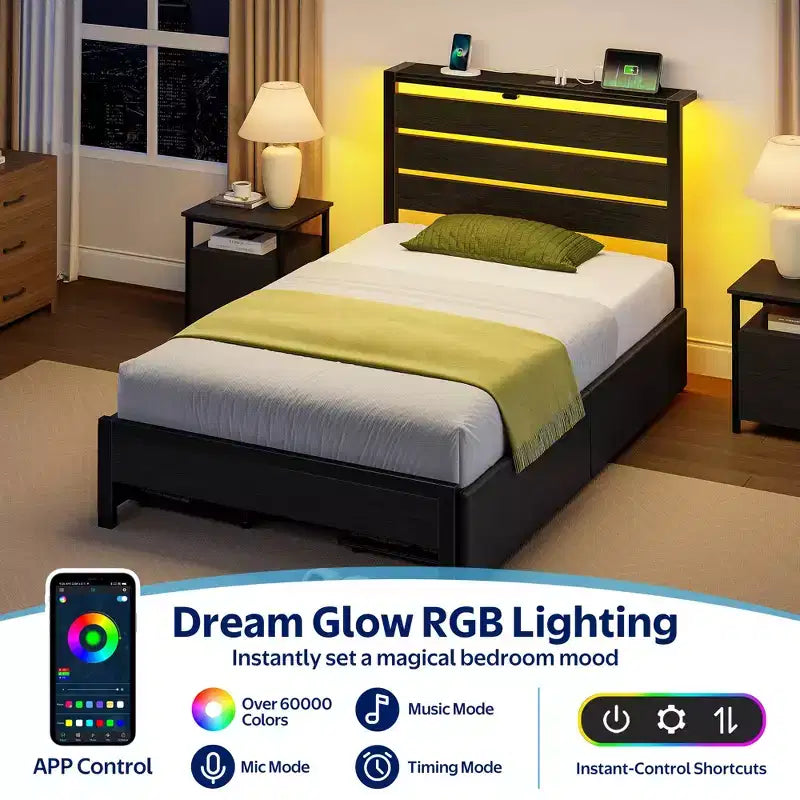 Industrial Metal Platform Bed Frame with 4 Storage Drawers - Led light & Charging Station , Mattress Foundation, Heavy Duty
