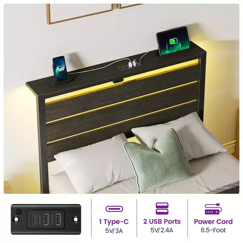 Industrial Metal Platform Bed Frame with 4 Storage Drawers - Led light & Charging Station , Mattress Foundation, Heavy Duty