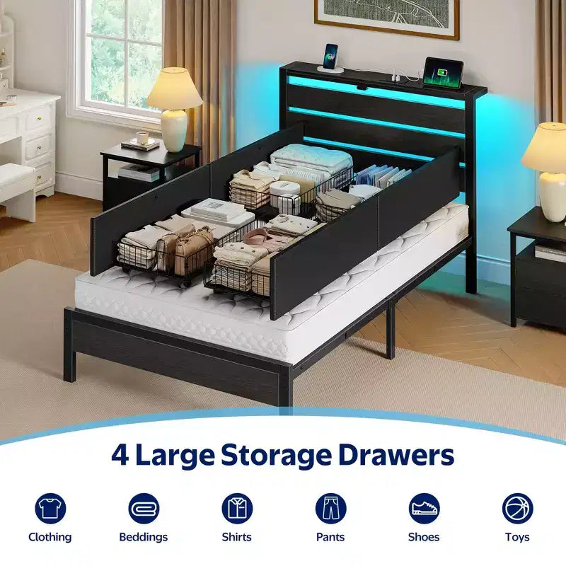 Industrial Metal Platform Bed Frame with 4 Storage Drawers - Led light & Charging Station , Mattress Foundation, Heavy Duty