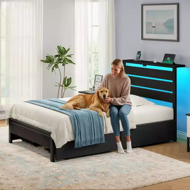 Industrial Metal Platform Bed Frame with 4 Storage Drawers - Led light & Charging Station , Mattress Foundation, Heavy Duty