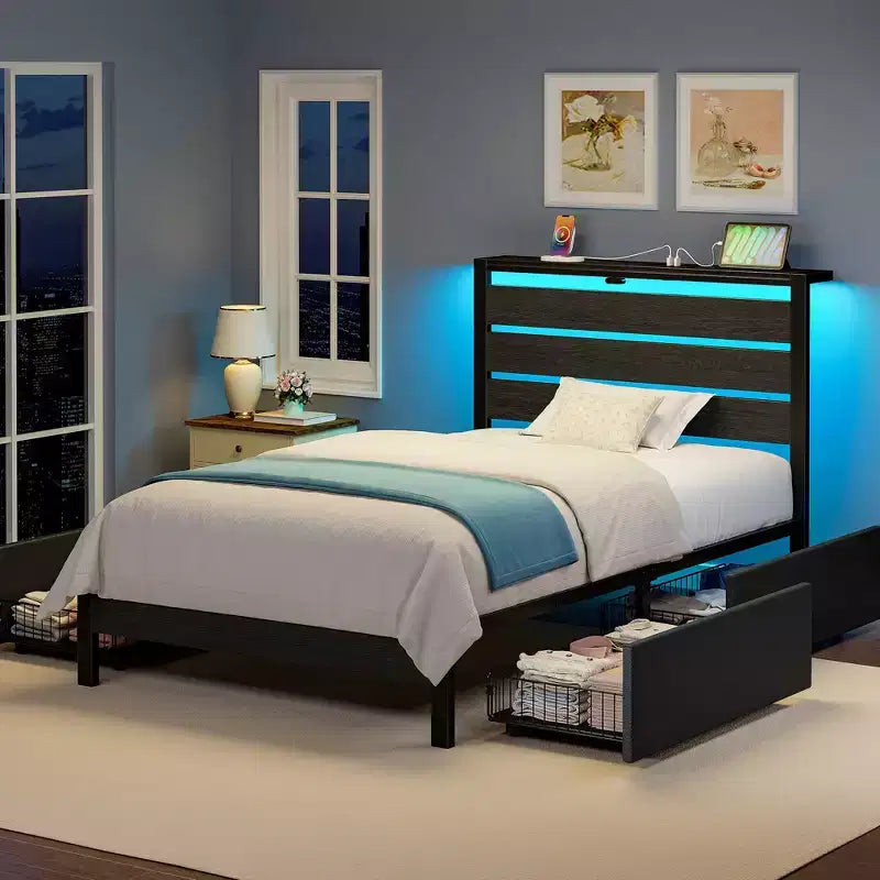 Industrial Metal Platform Bed Frame with 4 Storage Drawers - Led light & Charging Station , Mattress Foundation, Heavy Duty