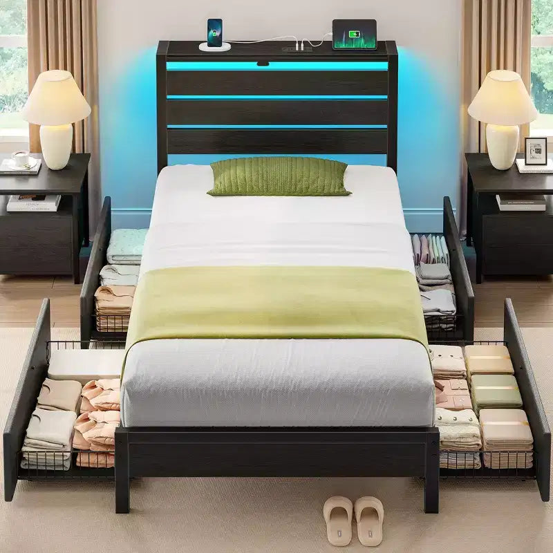 Industrial Metal Platform Bed Frame with 4 Storage Drawers - Led light & Charging Station , Mattress Foundation, Heavy Duty