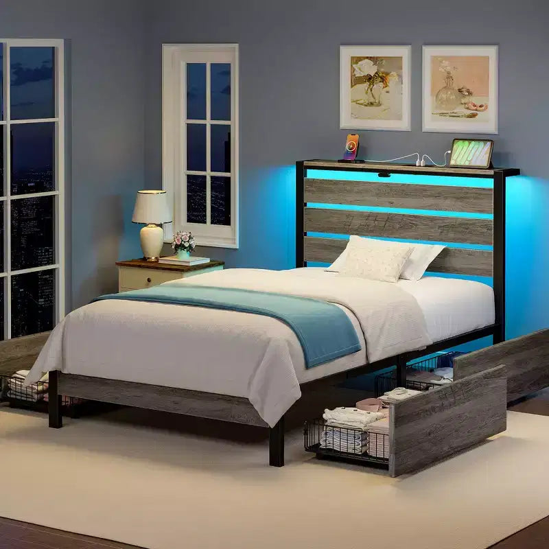 Industrial Metal Platform Bed Frame with 4 Storage Drawers - Led light & Charging Station , Mattress Foundation, Heavy Duty