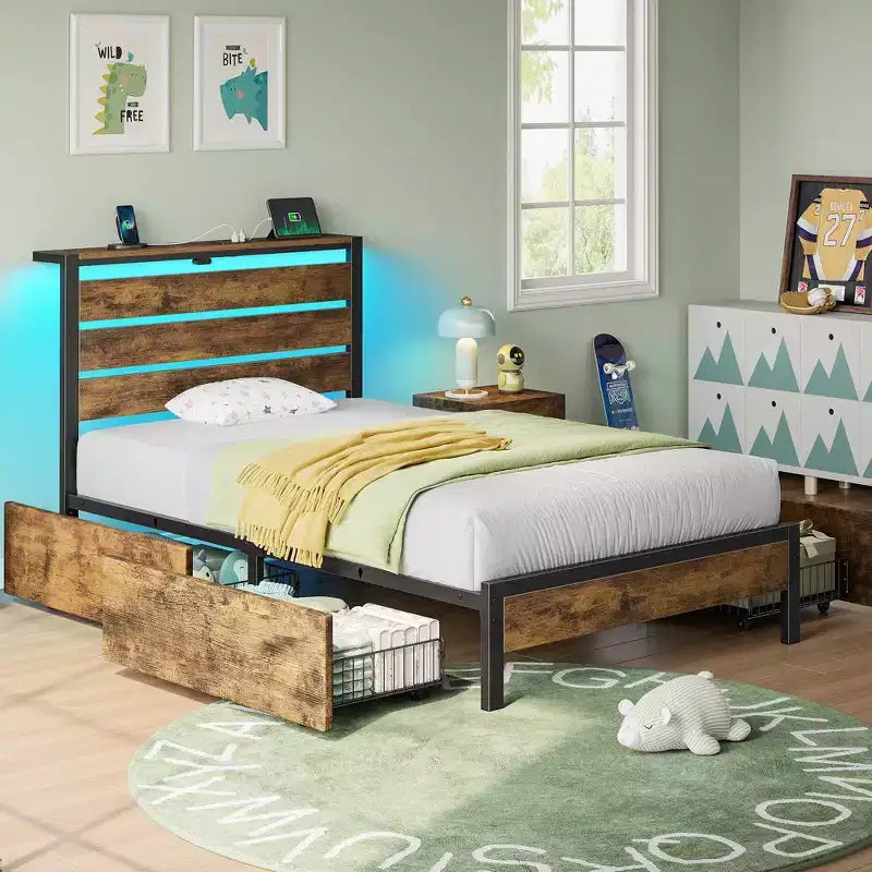 Industrial Metal Platform Bed Frame with 4 Storage Drawers - Led light & Charging Station , Mattress Foundation, Heavy Duty
