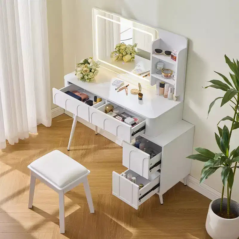 Rajiv Modern Vanity Set with Faux Leather Stool, 3-Color Lighted Mirror and Movable Side Cabinet