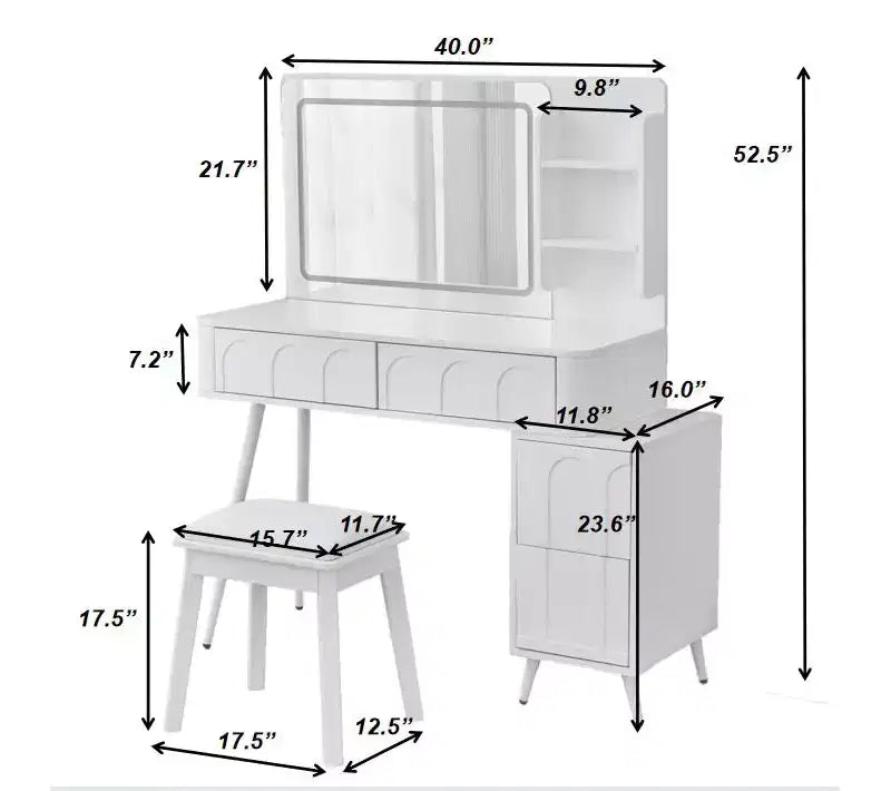 Rajiv Modern Vanity Set with Faux Leather Stool, 3-Color Lighted Mirror and Movable Side Cabinet