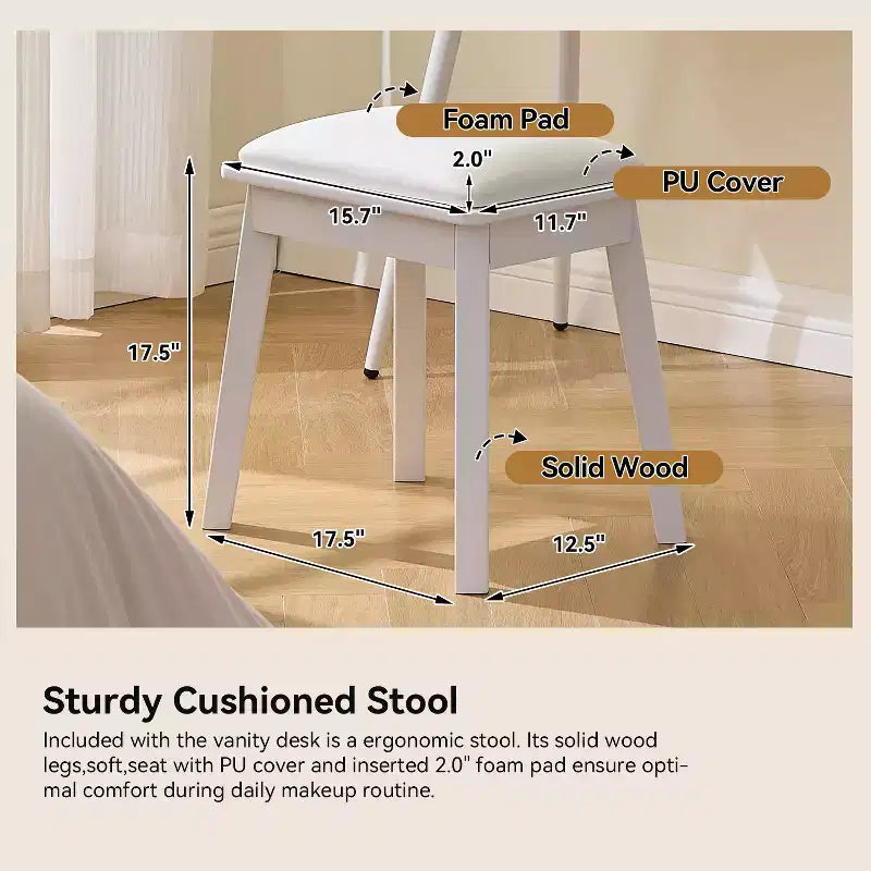 Rajiv Modern Vanity Set with Faux Leather Stool, 3-Color Lighted Mirror and Movable Side Cabinet