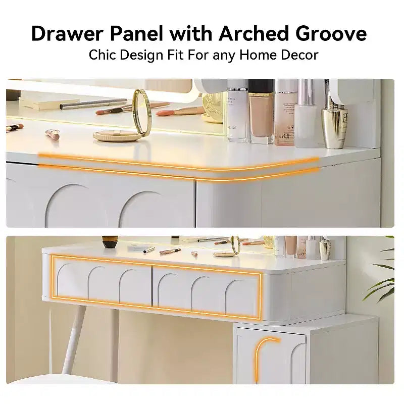 Rajiv Modern Vanity Set with Faux Leather Stool, 3-Color Lighted Mirror and Movable Side Cabinet