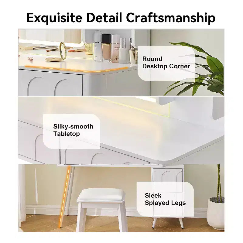Rajiv Modern Vanity Set with Faux Leather Stool, 3-Color Lighted Mirror and Movable Side Cabinet