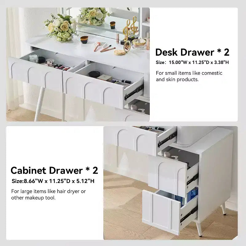 Rajiv Modern Vanity Set with Faux Leather Stool, 3-Color Lighted Mirror and Movable Side Cabinet