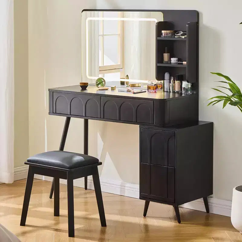 Rajiv Modern Vanity Set with Faux Leather Stool, 3-Color Lighted Mirror and Movable Side Cabinet